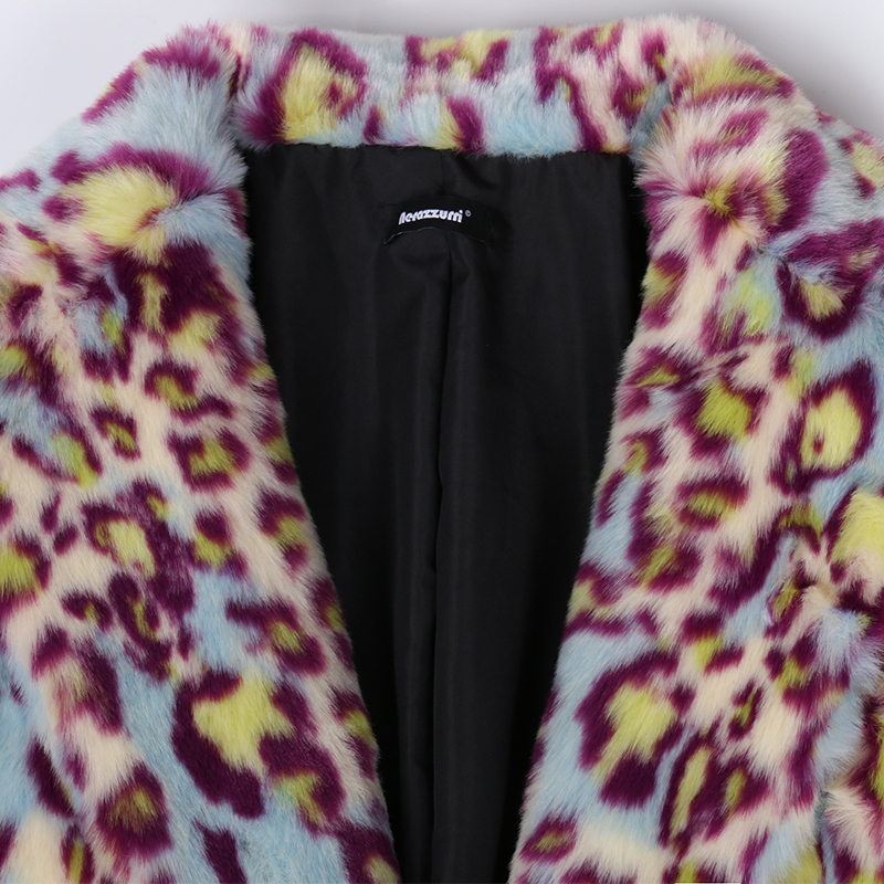 Womens Fur Faux Fur Nerazzurri Winter Leopard Long Colorful Soft Warm Thick Fluffy Furry Faux Fur Trench Coat for Women Runway European Fashion 220927