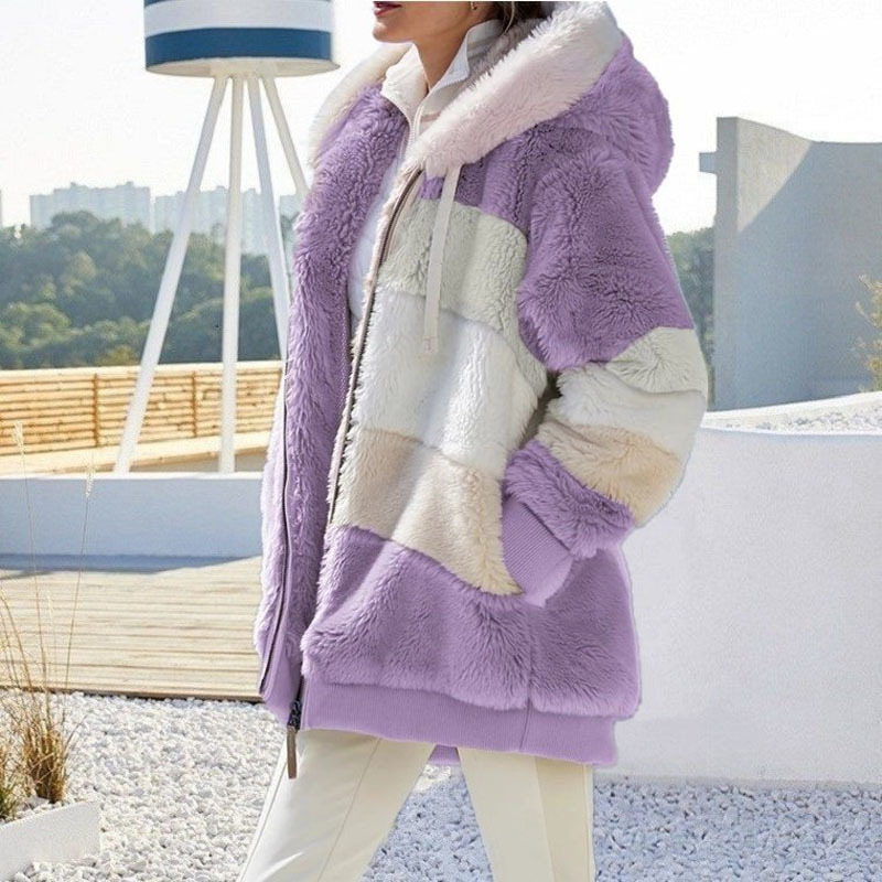Women's Fur Faux Autumn Winter Warm Plush Patchwork Zipper Pocket Hooded Loose Coat Women 220927