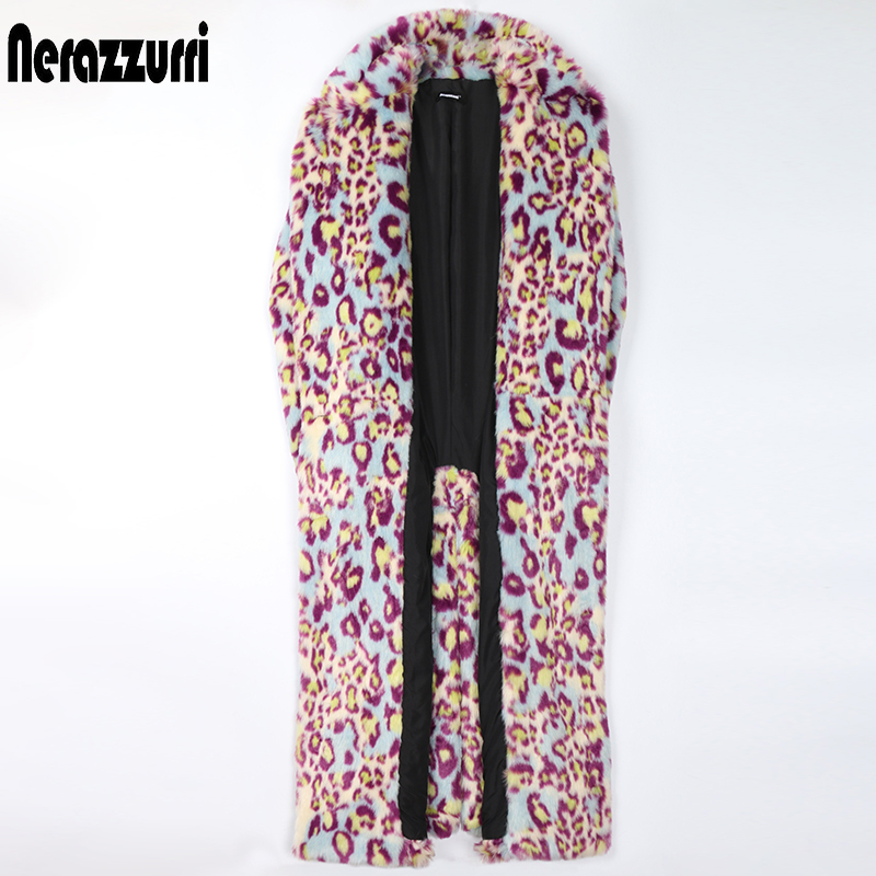 Womens Fur Faux Fur Nerazzurri Winter Leopard Long Colorful Soft Warm Thick Fluffy Furry Faux Fur Trench Coat for Women Runway European Fashion 220927