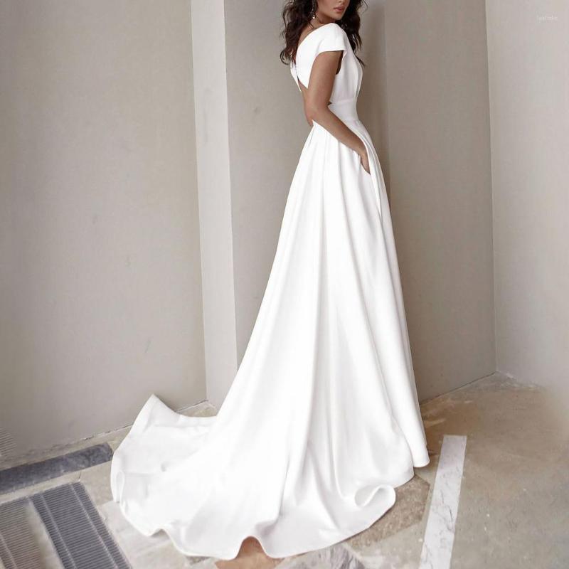 Casual Dresses Women Formal Dress V-neck Party White High Waist Side Split Floor-Length With Pockets Elegant Slit