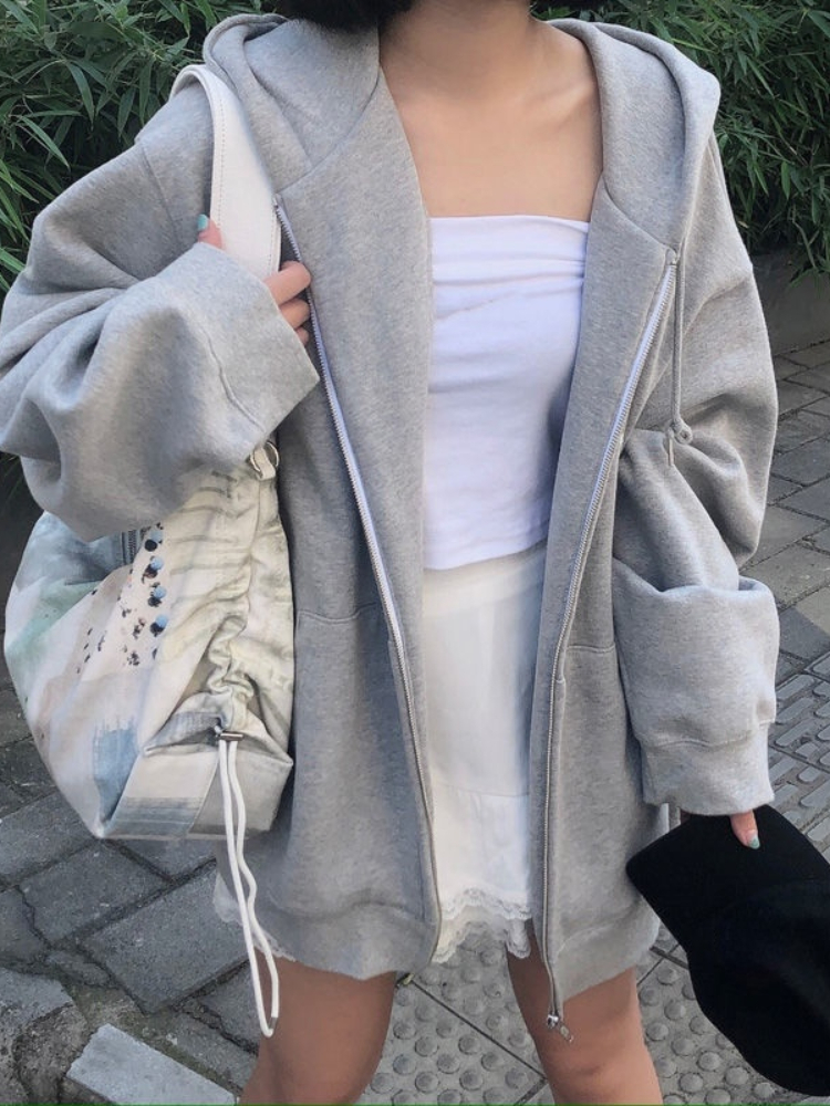 Women's Hoodies Sweatshirts Deeptown Korean Style Oversize Gray Hoodies Women Streetwear Loose Hooded Sweatshirt Black Long Sleeve Tops Jacket 22
