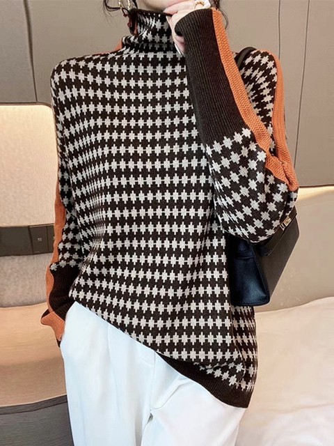 Womens Sweaters Winter Turtleneck Sweater Warm Pullover Elegant Top Loose Casual Retro Contrast Color sweater 220923