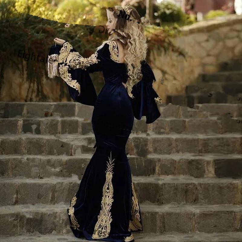 Elegant Navy Blue Morocco Kaftan Formal Evening Dresses with Detachable Skirt Two Pieces Flare Long Sleeve Mermaid Velvet Prom Gowns Split Arabic Turk