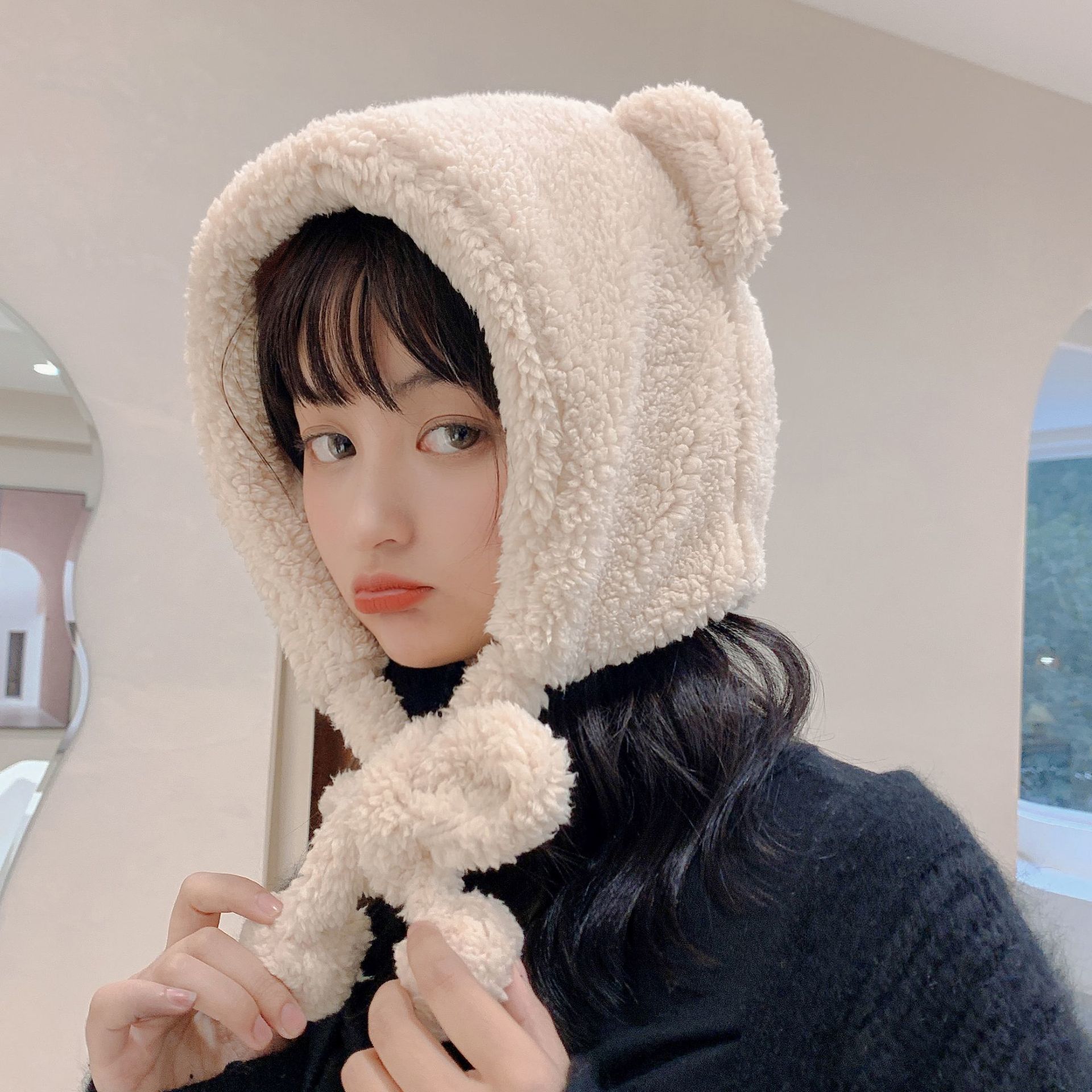 BeanieSkull Caps Wide Brim Hats Bucket Hats Winter Cute Bear Ears Warm Hat Women Beanies Windproof Cap Student Women Add Wool Cap Female Hat Present G