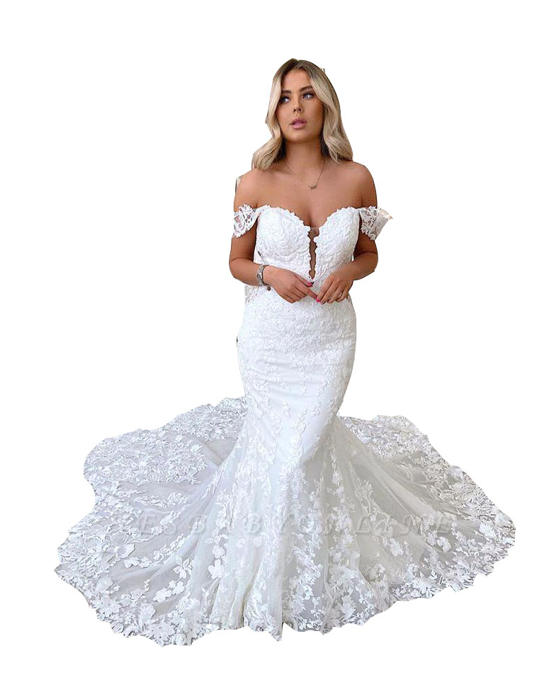 Wedding Elegant Mermaid Off The Shoulder Keyhole Tulle Full Lace Applique Beach Bride Dresses Chapel Train Boho Counrty Bridal Gowns Open Back