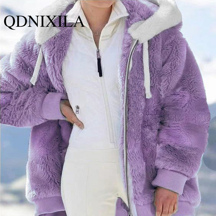 Women's Fur Faux Spring and Autumn Loose Plush Zipper Hooded Jacket Coats Jackets Pink Coat Winter Women 220927