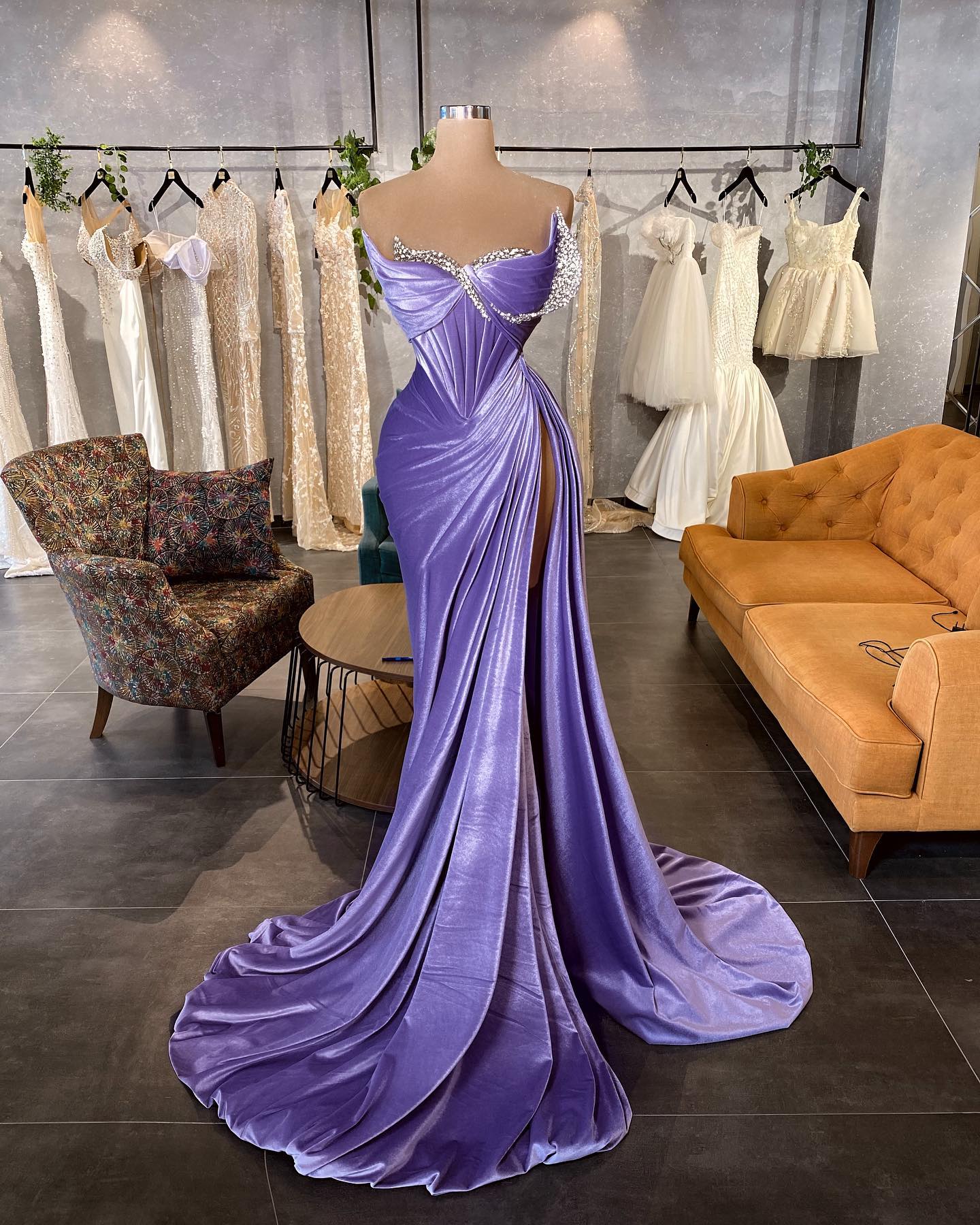 Lavender Velvet Mermaid Evening Dresses Winter Side Split Prom Dress Sweetheart Beaded Women Pageant Party Gowns