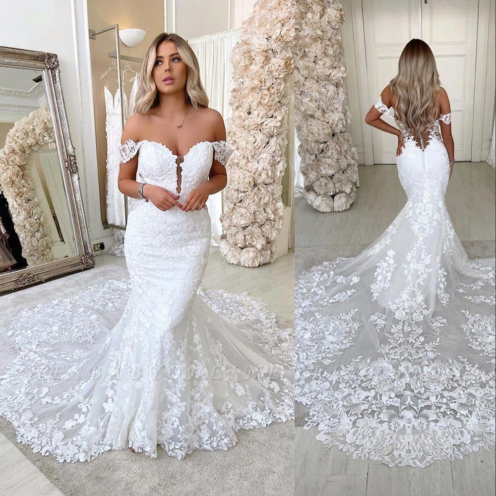 Wedding Elegant Mermaid Off The Shoulder Keyhole Tulle Full Lace Applique Beach Bride Dresses Chapel Train Boho Counrty Bridal Gowns Open Back