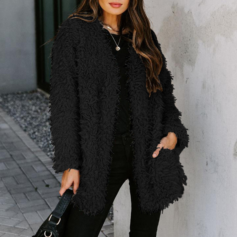 Women's Fur Faux Elegant Woolen Fleece Outerwear Autumn Fashion Solid Color Long Sleeve Cardigan Office Lady Winter Thick Loose Coats 220927