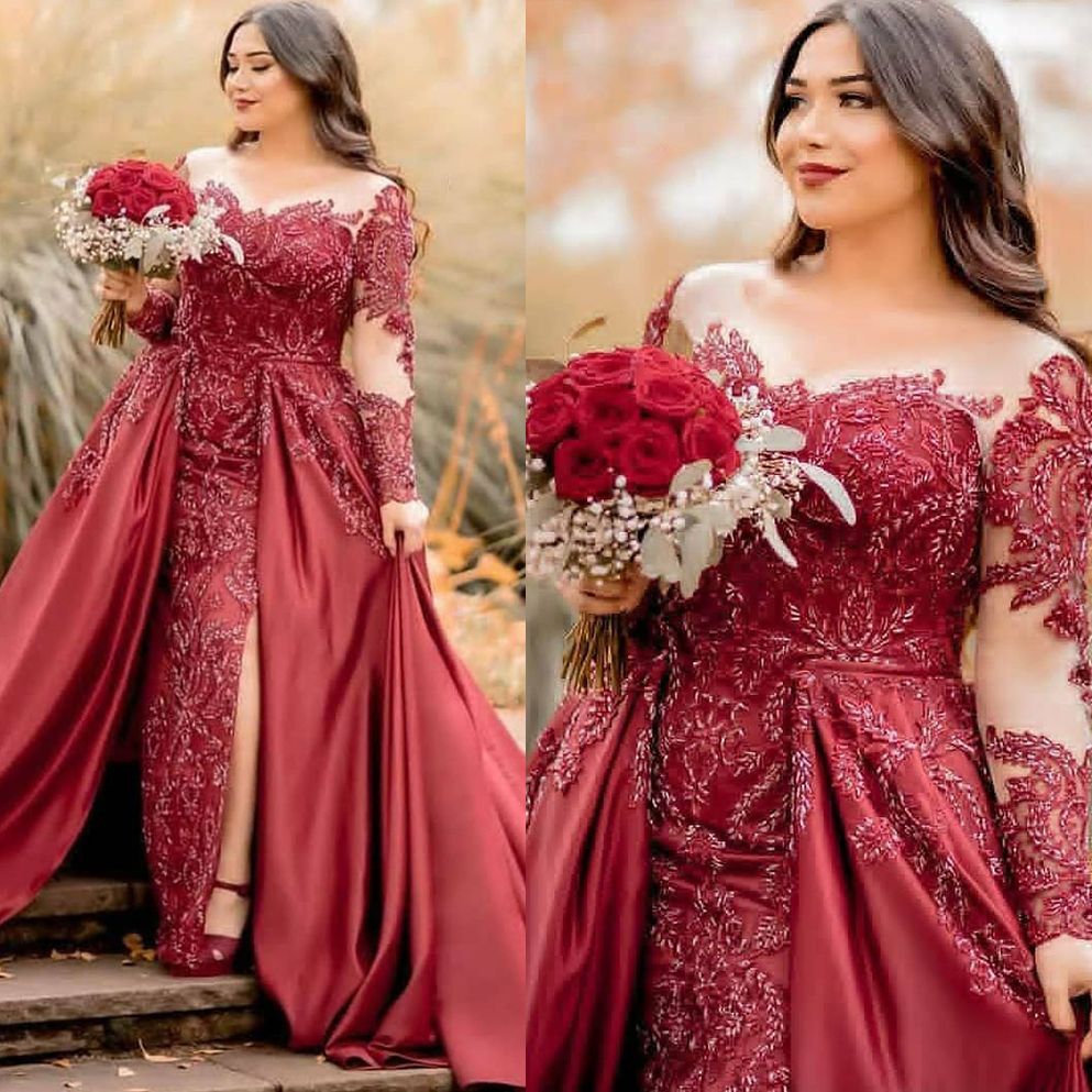Red Beads Mermaid Evening Dresses Long Sleeve Appliqued Prom Gowns Vintage Detachable Train Formal Pageant Dress