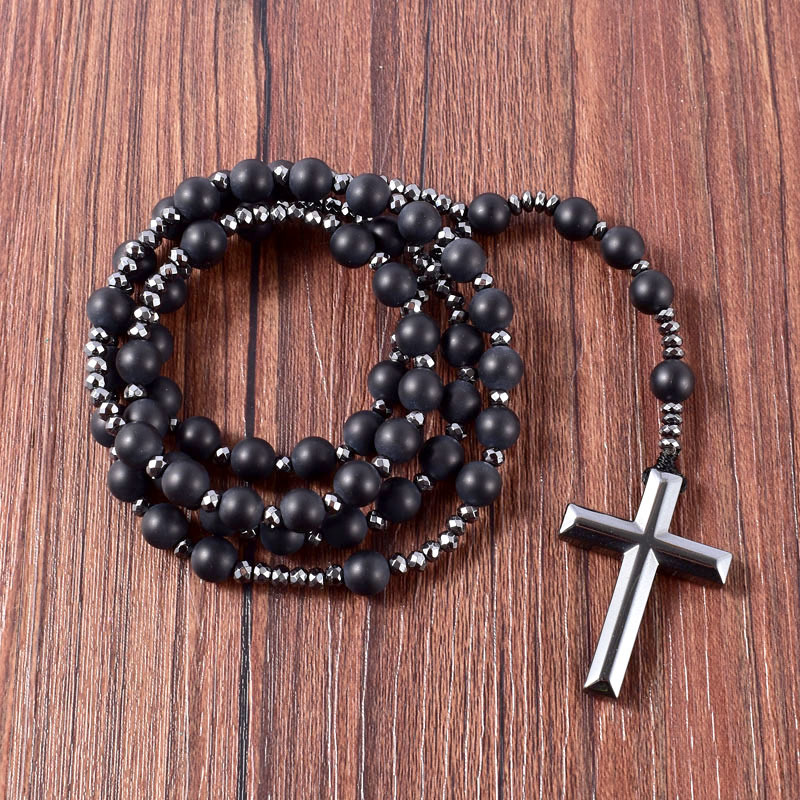 Pendant Necklaces Natural Stone Frosted Black Onyx Catholic Christ Rosary With Hematite Cross Men Necklace Meditation Jewelry 220924