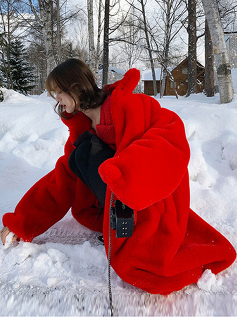 Women's Fur Faux Nerazzurri Oversized Red Thick Warm Soft Fluffy Coat Women Raglan Seeve Stylish Long Coats for Winter 220927