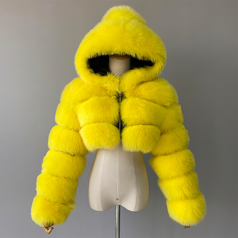 Women's Fur Faux High Quality ry Cropped Coats and Jackets Women Fluffy Top Coat With Hooded Winter Jacket Manteau Femme 220927