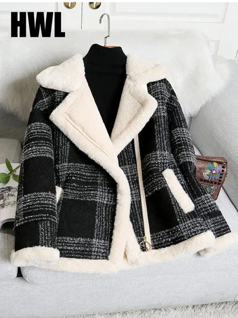 Womens Jackets Womens Casual Lapel Button Coat Tartan Shacket Jacket Women Winter Loose Velvet Fur Plaid Jacket Woolen coat women 220927