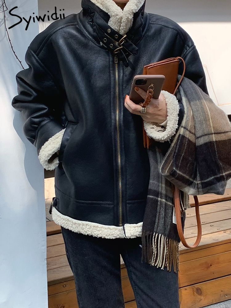 Women's Fur Faux Syiwidii Coat Winter Jacket Lambswool Sheepskin Loose Warm Thicken Locomotive Female Black Chic Pu Outwear 220927