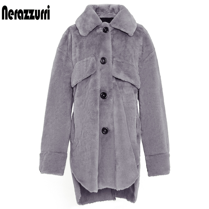 Women's Fur Faux Nerazzurri Oversized warm soft furry faux fur coats for women long sleeve buttons Gray fluffy jacket Winter clothes 220927