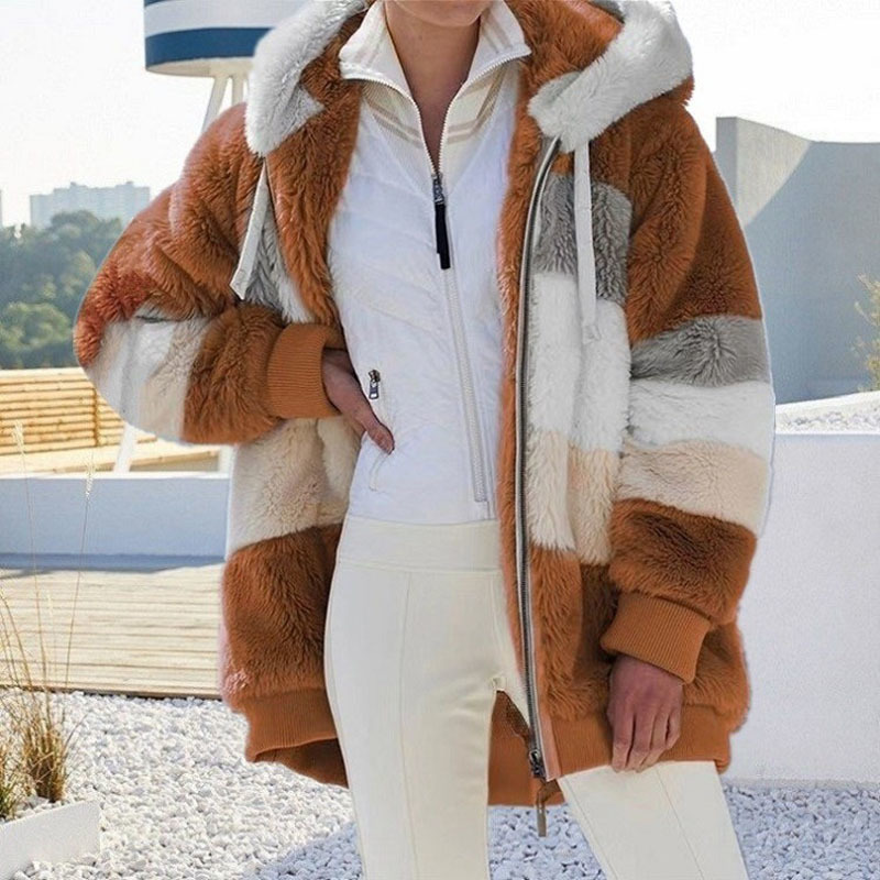 Women's Fur Faux Autumn Winter Warm Plush Patchwork Zipper Pocket Hooded Loose Coat Women 220927