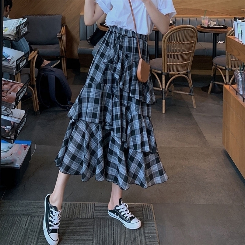 Skirts Lucyever Summer Vintage Plaid Skirt Women Elegant Chic Asymmetrical Patchwork Ruffles Long Skirt High Waist Aline Skirts 220924