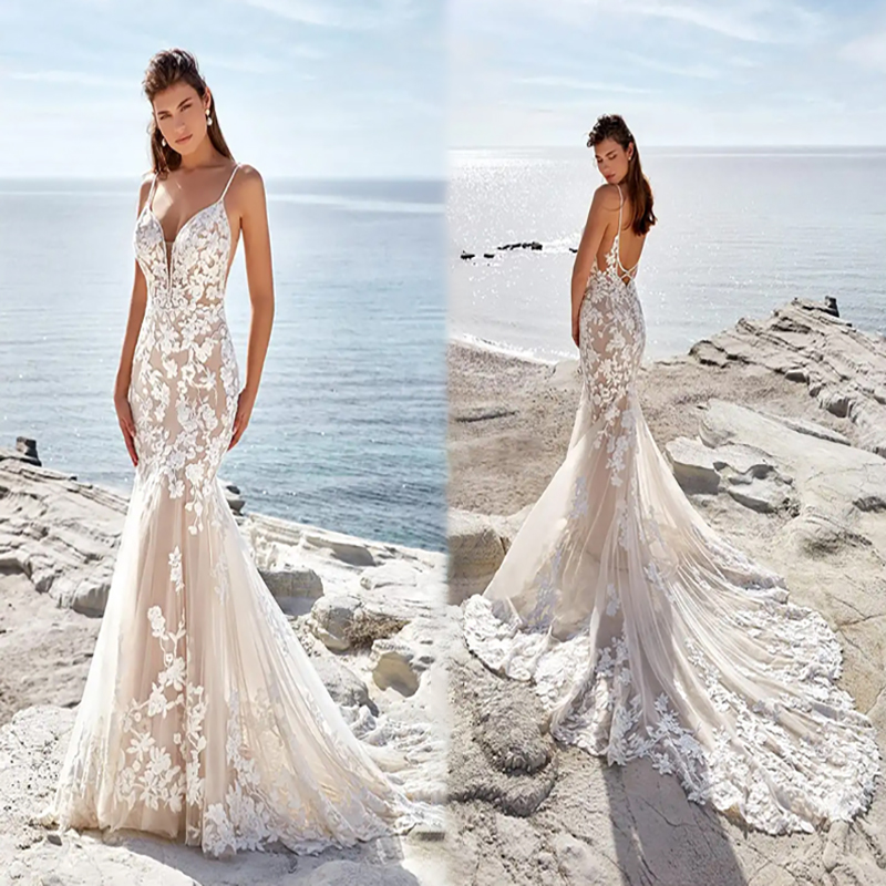 Chic Beach Mermaid Wedding Dress 2022 Light Champagne Lace Sexy Backless Boho Country Bride Gowns V Neck Spaghetti Straps Bridal Dress Robe De Mariage