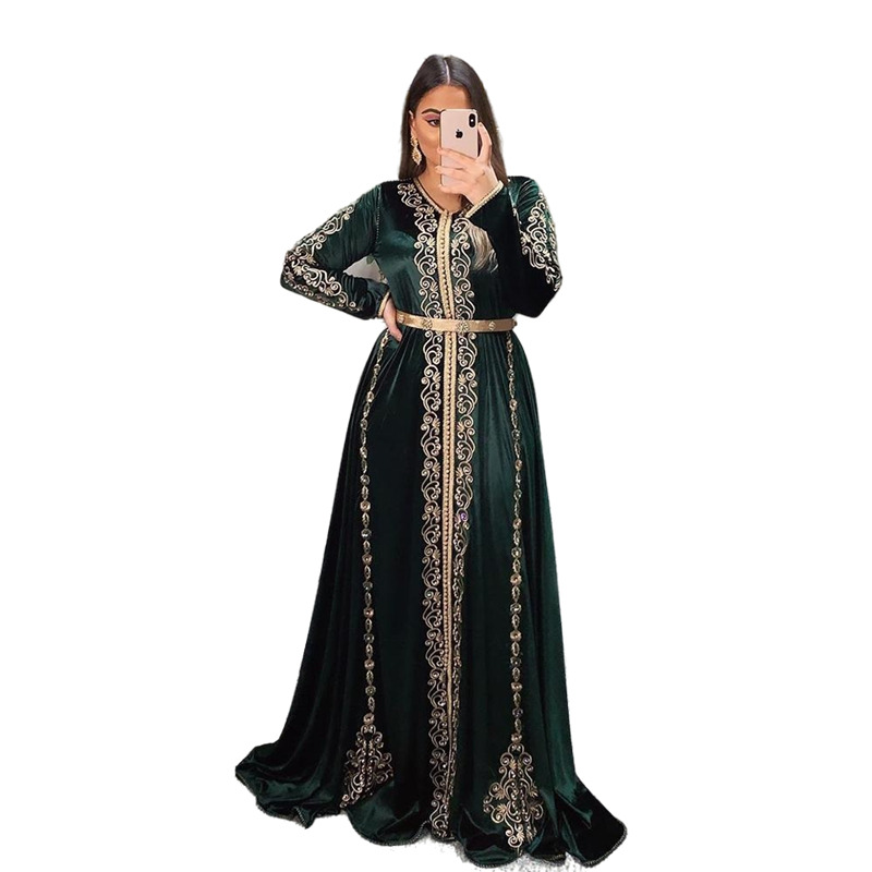 Elegant Hunter Green Velvet Moroccan Kaftan Evening Dresses Golden Embroidery Lace Appliques Crystals Beaded Arabic Muslim Long Sleeve Formal Party Pr
