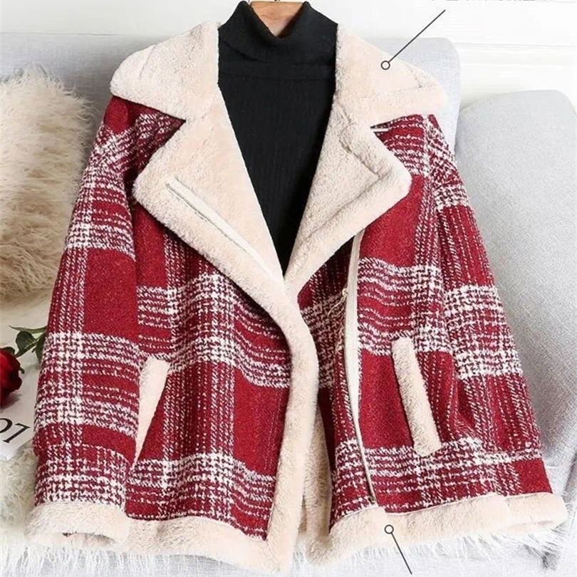 Womens Jackets Womens Casual Lapel Button Coat Tartan Shacket Jacket Women Winter Loose Velvet Fur Plaid Jacket Woolen coat women 220927