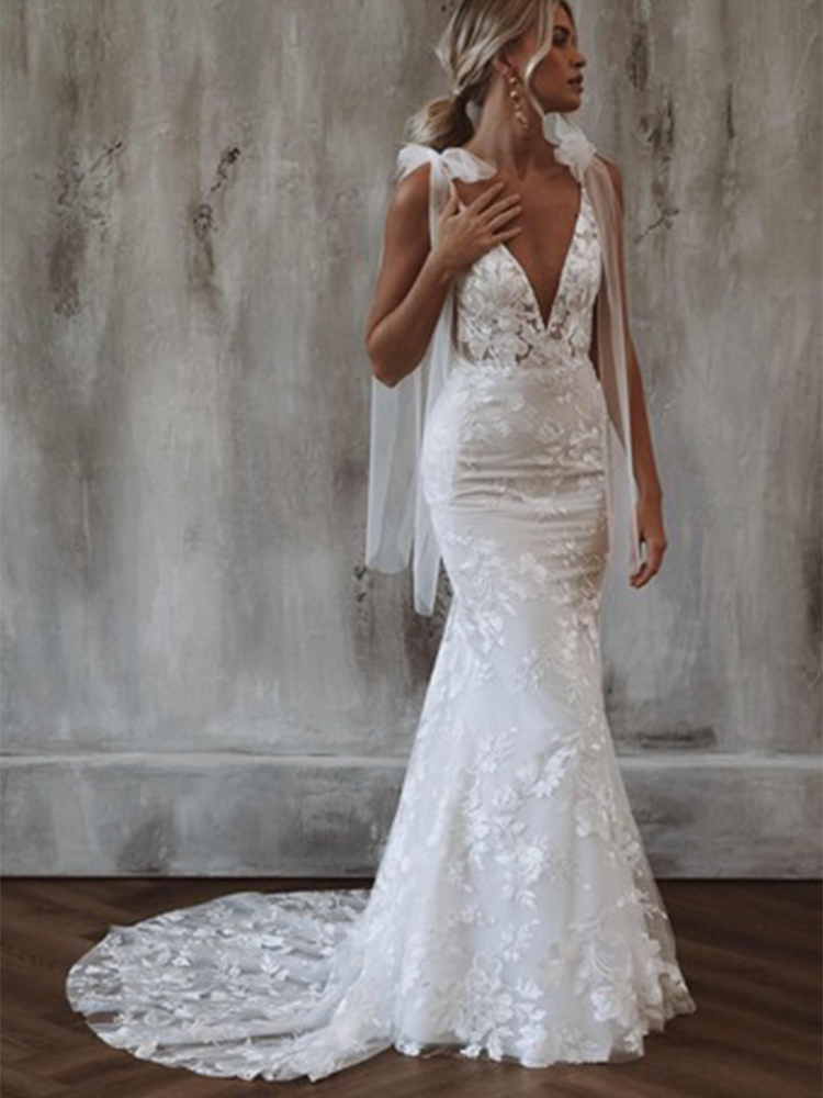 Elegant Mermaid Lace Wedding Dress 2022 Sexy Straps Boho Country Bridal Gowns Floor Length Chic Robe De Mariee Deep V Neck Bohemian Vestido De Novia F