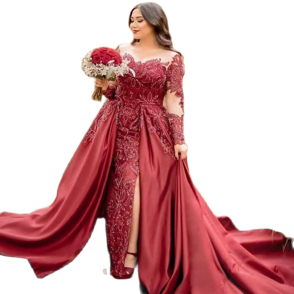 Red Beads Mermaid Evening Dresses Long Sleeve Appliqued Prom Gowns Vintage Detachable Train Formal Pageant Dress