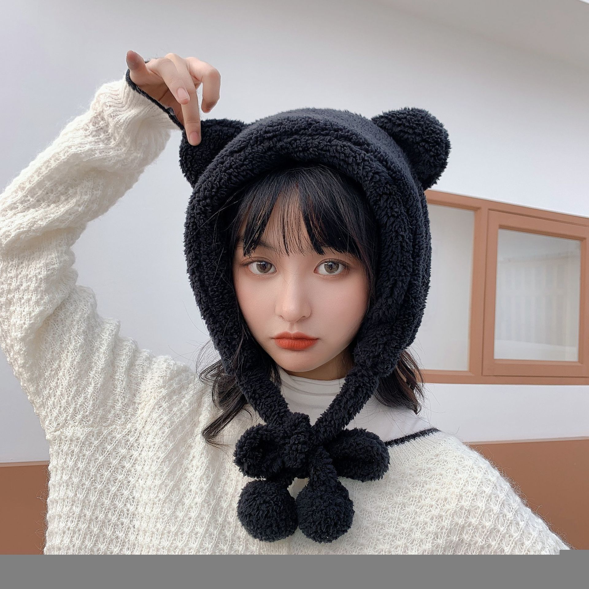 BeanieSkull Caps Wide Brim Hats Bucket Hats Winter Cute Bear Ears Warm Hat Women Beanies Windproof Cap Student Women Add Wool Cap Female Hat Present G