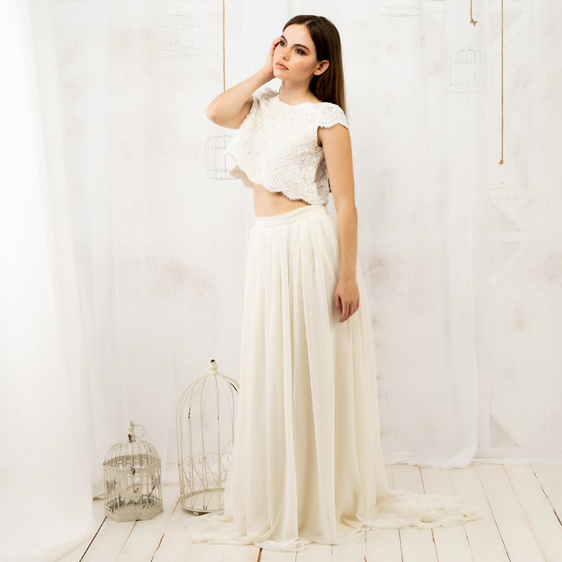 Chic Two Piece Boho Wedding Dress 2022 Top Lace Crop Beach Bridal Dresses Floor Length Chiffon Vestios De Novia Bohemian Robe De Mariee Sexy Women Bri