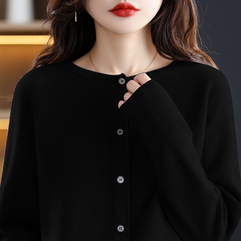 Womens Knits Tees Autumn Ladies Cardigan 100% Wool Natural Fiber Round Neck Raglan Sleeves Fashion Sweater Seamless One Line Forming Clothes 220923