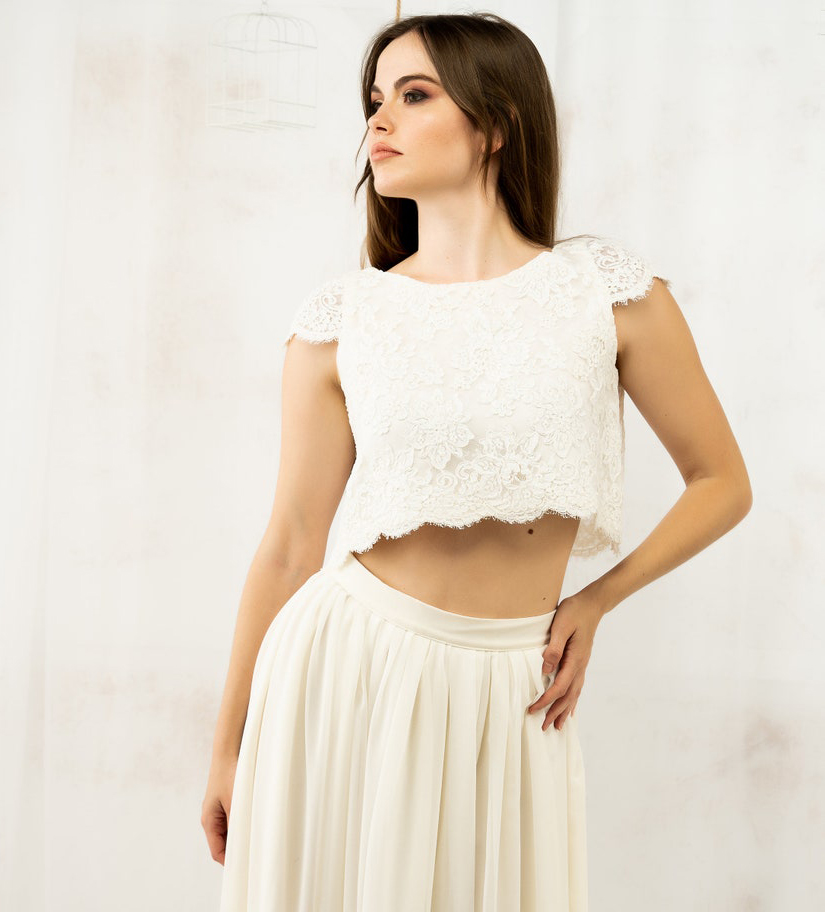 Chic Two Piece Boho Wedding Dress 2022 Top Lace Crop Beach Bridal Dresses Floor Length Chiffon Vestios De Novia Bohemian Robe De Mariee Sexy Women Bri