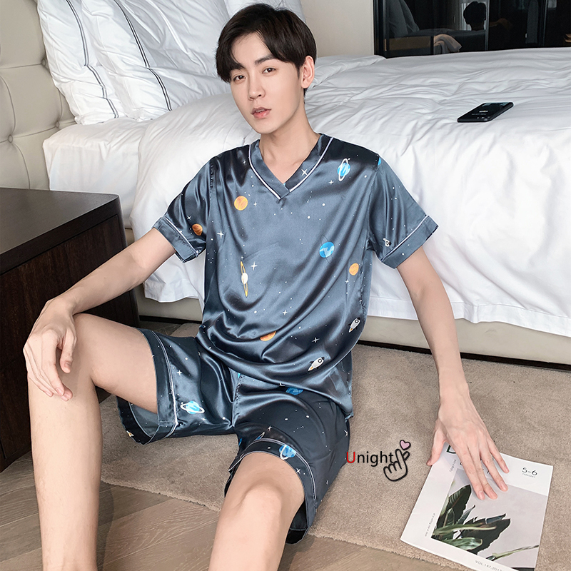 Men's Sleepwear Men Pajama Shorts Summer Satin Viscose Pullover Trousers for men Set 3XL Nightwear Casual Sleepwear For Men Silk Pyjama 220924