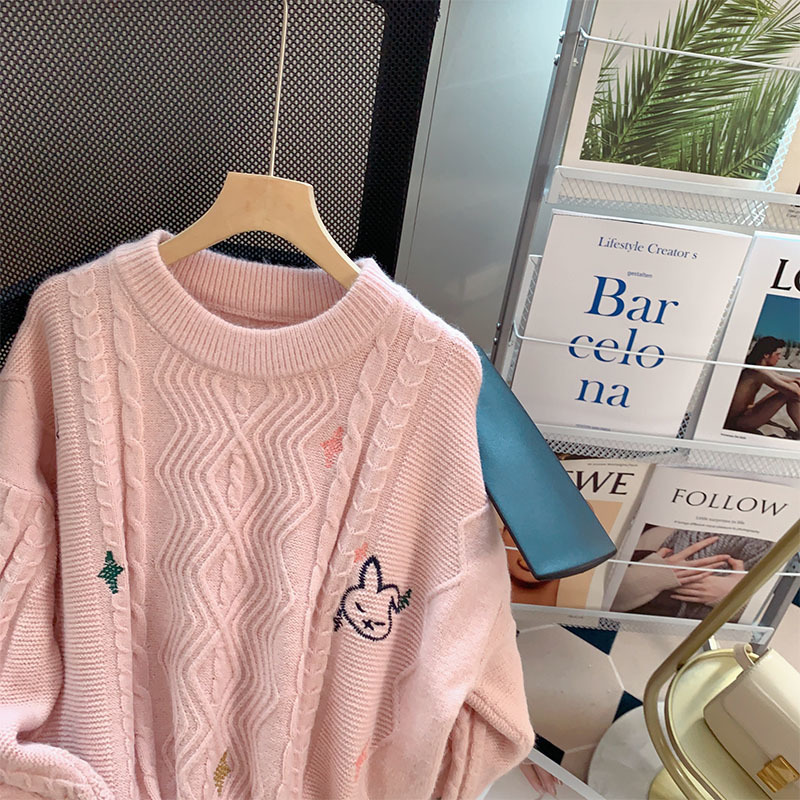 Womens Sweaters LQ SONGYI High Quality Cute Embroidered Twist Pullover O Neck Women Knitted Jumpers Kawaii Oversized 220923