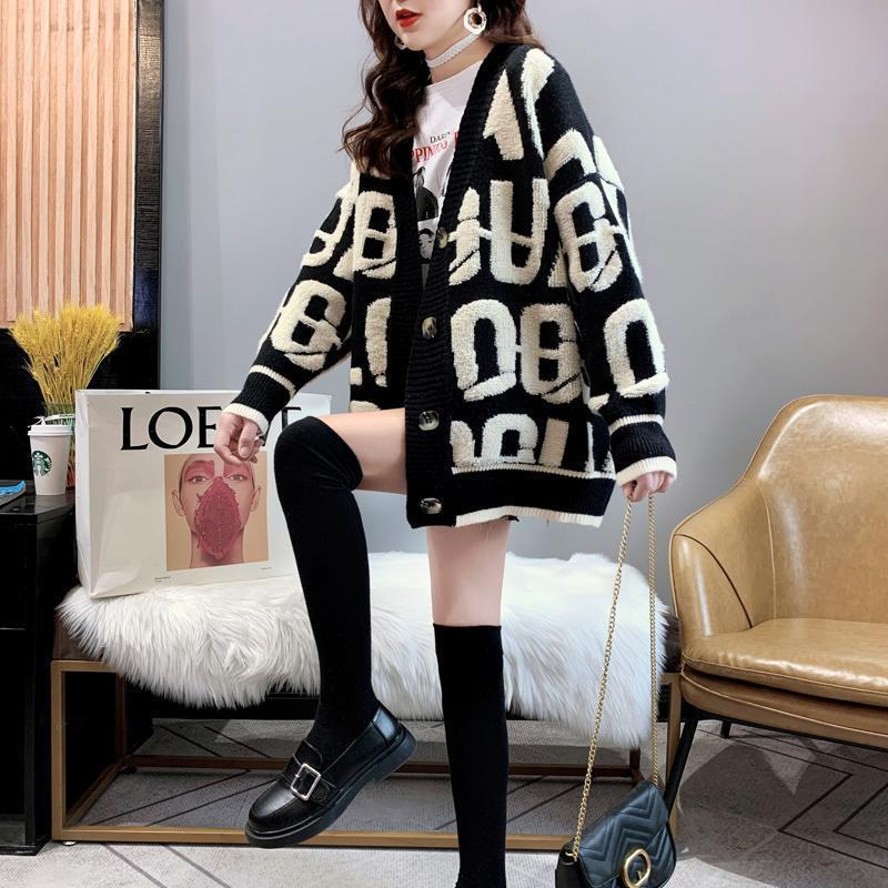 Womens Knits Tees Letter Embroidery Sweater Women Cardigans High Street Contrast Flocking Oversized Sweater Loose Knitted Cardigan Women Sweaters 2209