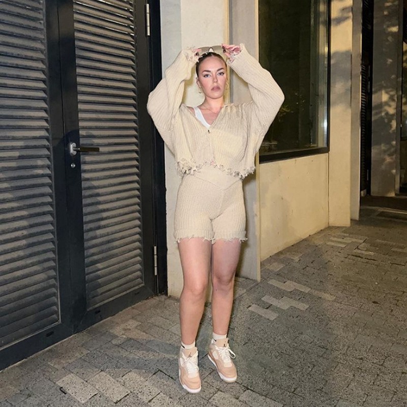Women's Two Piece Pants Casual Tracksuit Set Knit Ribbed Shirt Pants Streetwear Matching Clothes For Outfit 220926