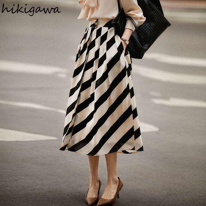 Skirts Faldas De Mujer Vintage Striped Skirts Women High Waist Slim Vintage Aline Pleated Skirt Big Swing Korean Elegant Jupe 220924