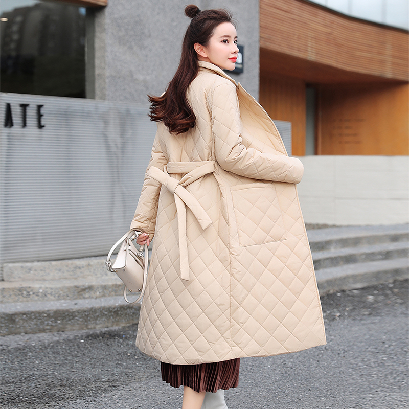 Women's Down Parkas Woman Jacket Parkas Belted space cotton diamond plaid Coat down Women's over the Knee Winter Clothing Coat 220926