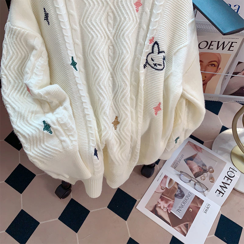 Womens Sweaters LQ SONGYI High Quality Cute Embroidered Twist Pullover O Neck Women Knitted Jumpers Kawaii Oversized 220923