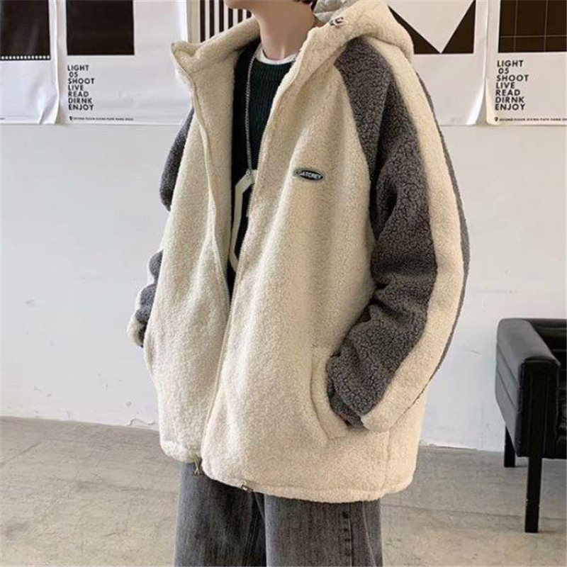 Mens Down Parkas Fashion Wide Polar Fleece Coats for Men Autumn Winter Warm Lamb Wool Hooded Coat Patchwork Loose Outerwear Male 220927