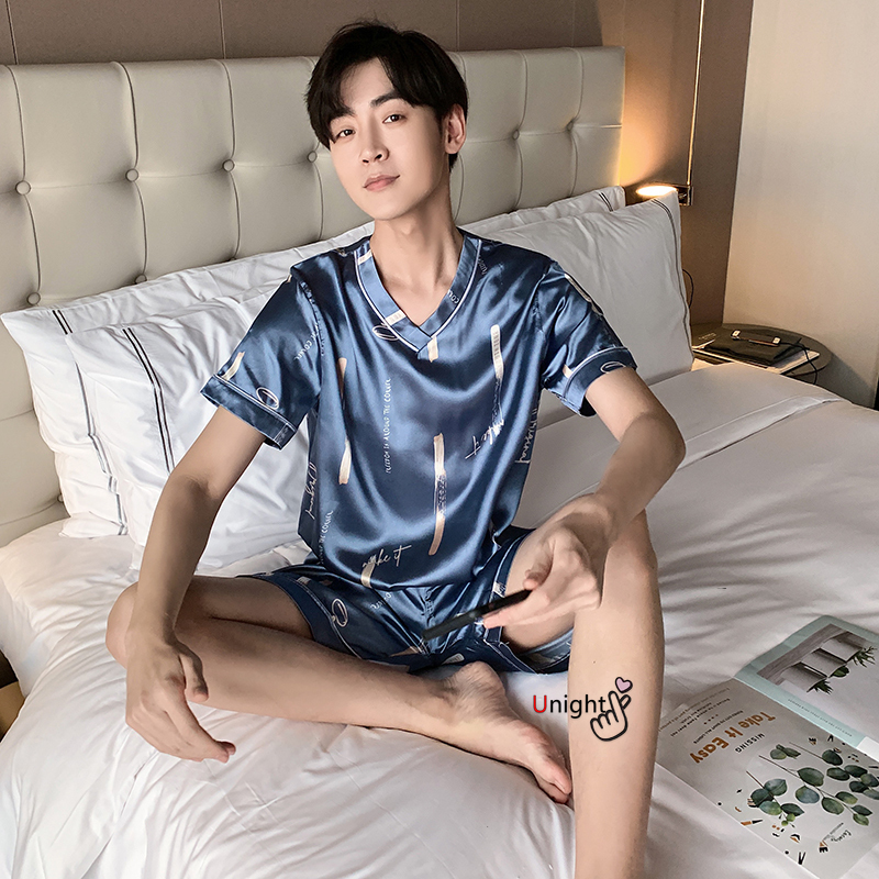 Men's Sleepwear Men Pajama Shorts Summer Satin Viscose Pullover Trousers for men Set 3XL Nightwear Casual Sleepwear For Men Silk Pyjama 220924