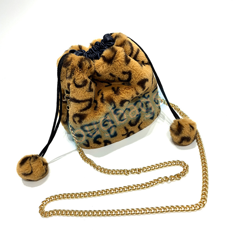 Plush Shoulder Bags Drawstring Vintage Leopard Bucket Bag Simple Crossbody Shopping Wallet Card Holder
