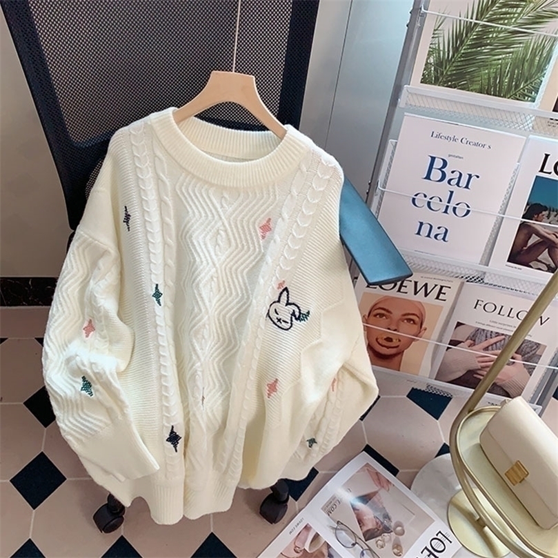 Womens Sweaters LQ SONGYI High Quality Cute Embroidered Twist Pullover O Neck Women Knitted Jumpers Kawaii Oversized 220923