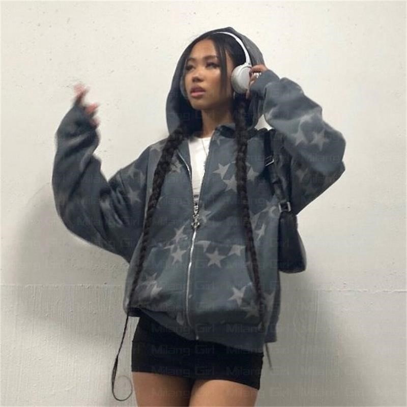 Women's Hoodies Sweatshirts Vintage Fashion Star Graphic Fairy Grunge Men Women Long-Sleeved Zip Hoodie Jacket Oversize Streetwear Y2k Clothes Em