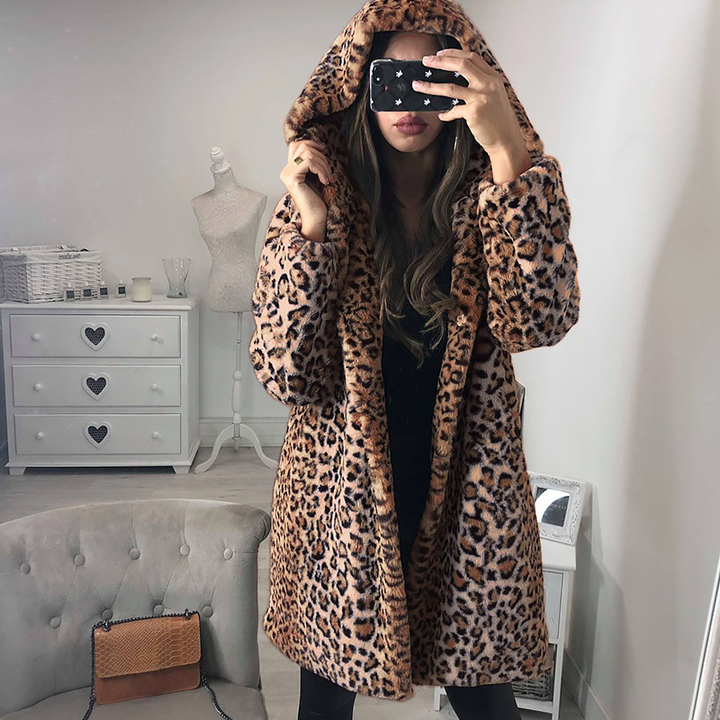 Women's Fur Faux Leopard Elegant Coat Women Spring Autumn Warm Soft Jacket Female Printed Overcoat Casual Hooded Lady Outerwear 5XL 220927