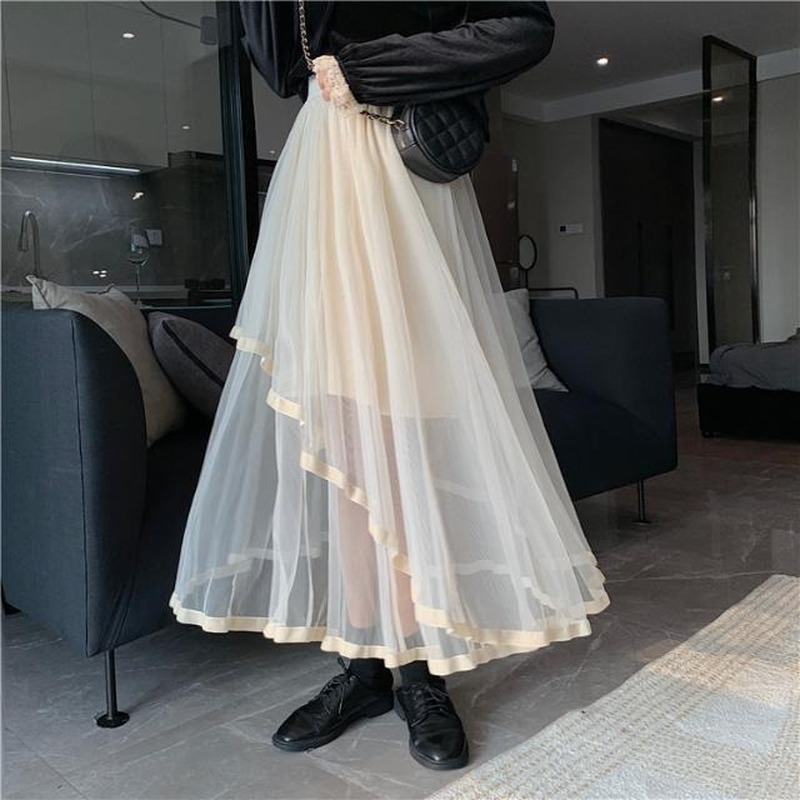 Skirts Skirts Women Solid Korean Style Asymmetrical Mesh Fashion Spring Sweet Students Cozy Loose Hipster Casual Allmatch High Waist 220924