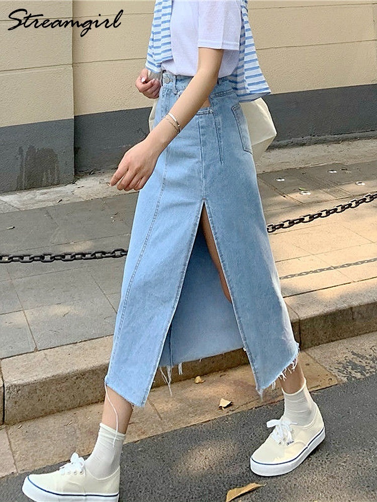 Skirts Streamgirl Maxi Jeans Skirt Women Denim Long Skirts Summer Vintage Maxi Skirt Side Split Denim Skirt Women Long Korean 220924