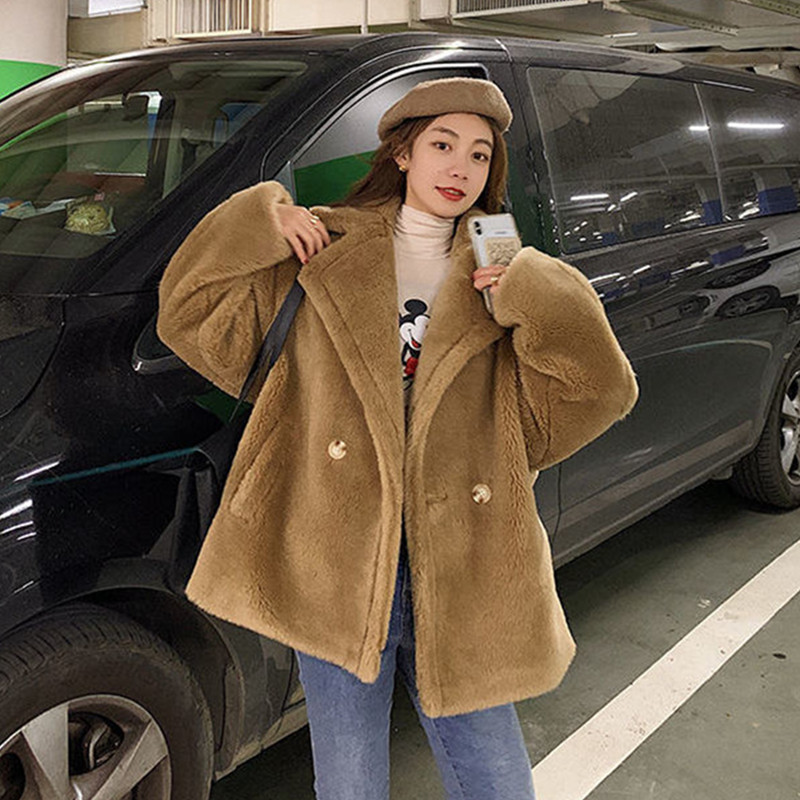 Womens Fur Faux Winter Warm Teddy Bear Coat Thick Long Turn Down Collar Casaco Feminino 220927