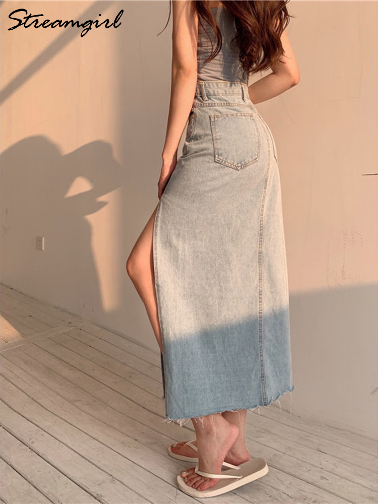Skirts Streamgirl Maxi Jeans Skirt Women Denim Long Skirts Summer Vintage Maxi Skirt Side Split Denim Skirt Women Long Korean 220924
