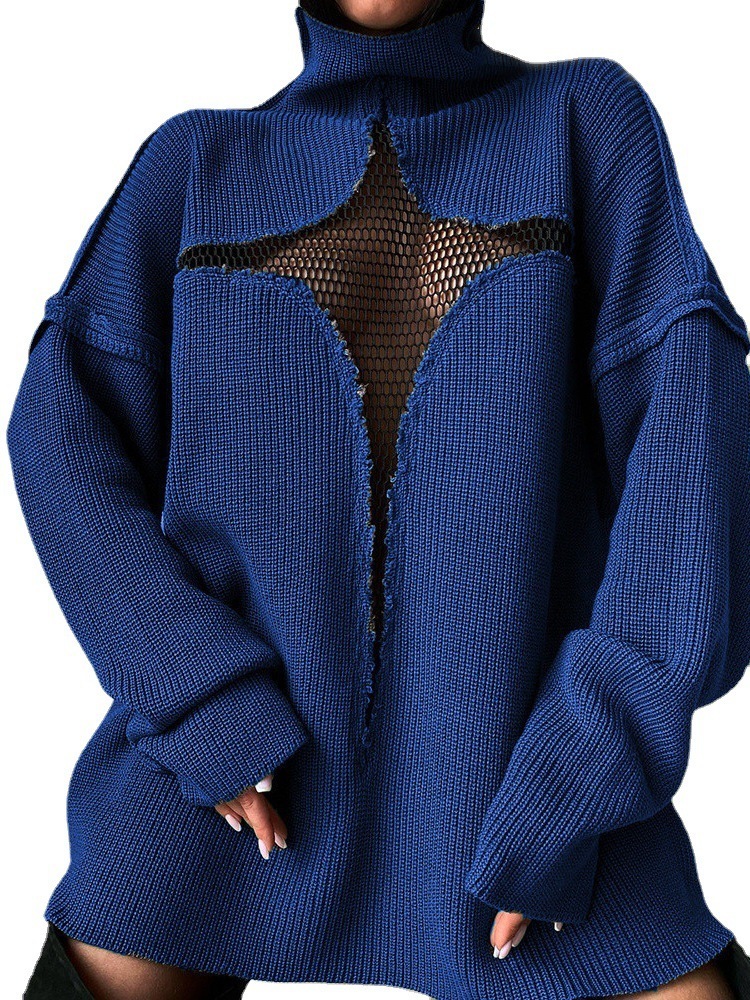 Womens Sweaters Y2K Sweater Women Autumn Winter Oversized Loose Knitted Pullovers Hollow Out Patchwork Mesh Turtleneck Jumper Female Streetwear 220923