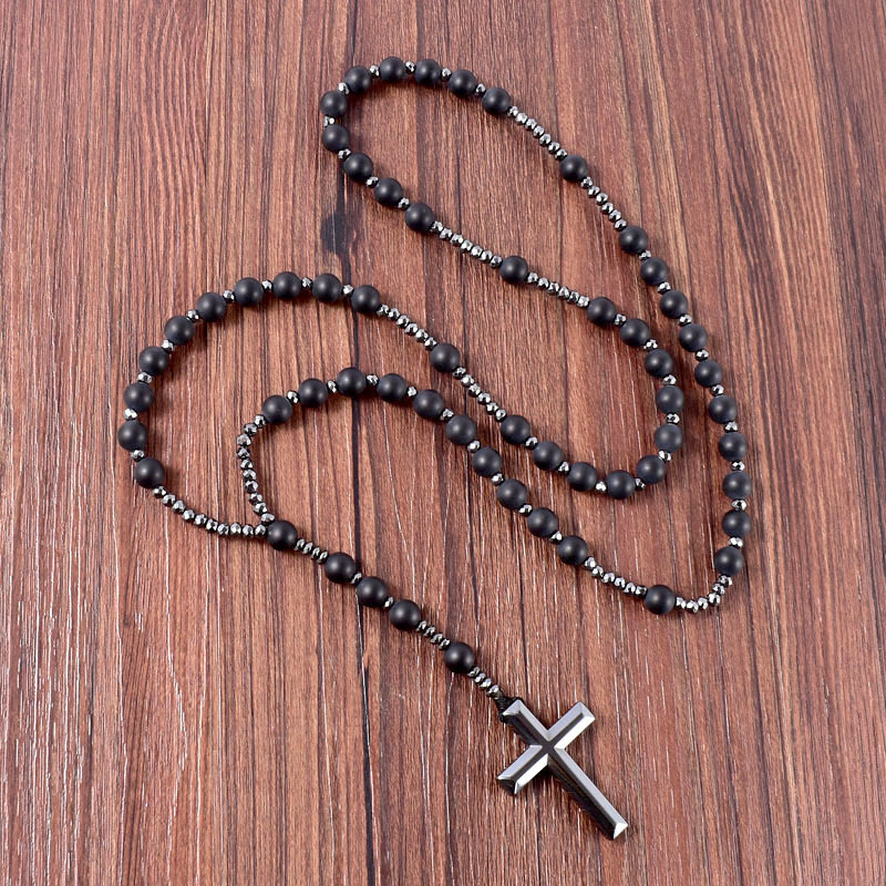 Pendant Necklaces Natural Stone Frosted Black Onyx Catholic Christ Rosary With Hematite Cross Men Necklace Meditation Jewelry 220924